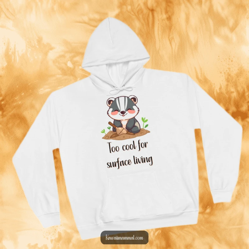 Funny hoodie depicting a smiling badger digging with gusto in dark soil, designed for maximum comfort and humorous appeal.