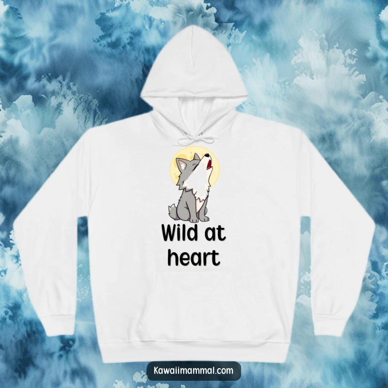 Funny Wolf Hoodie showcasing a proud wolf character howling at a cartoon moon, a warm and humorous piece for chilly nights.