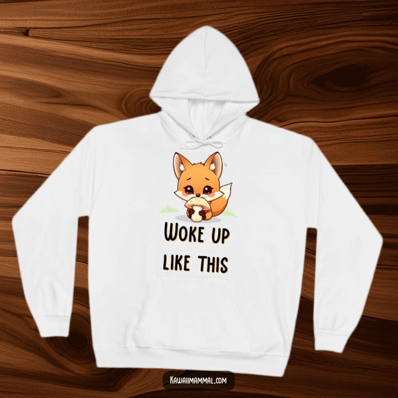 Funny fox character, wide-eyed and curious, sniffing a mushroom, wearing a cozy hoodie.