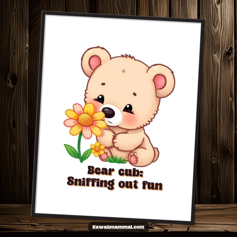 Funny Free Printable wall art of a curious bear cub sniffing a colorful flower, a sweet and downloadable art piece.