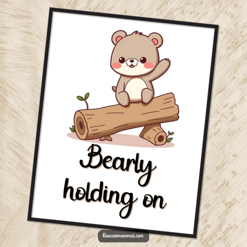 Funny free printable wall art of a curious bear excitedly balancing on a very wobbly log, full of playful determination.