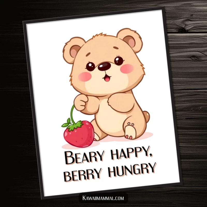 Funny Free Printable Wall Art showing a determined bear cub with wide eyes reaching for a large, juicy brush of ripe berries.