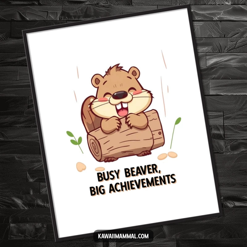 Funny Free Printable Wall Art of a happy beaver enthusiastically gnawing on a large log, embodying hard work and joy.
