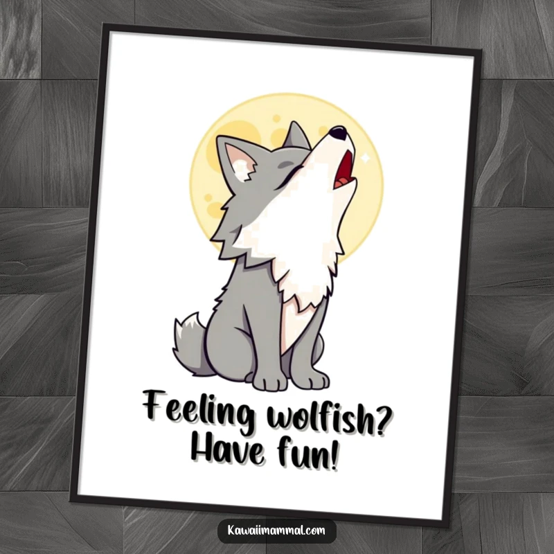 Funny Free Printable Wall Art: Proud wolf character howling at a vibrant cartoon moon, creating mystical, humorous decor.
