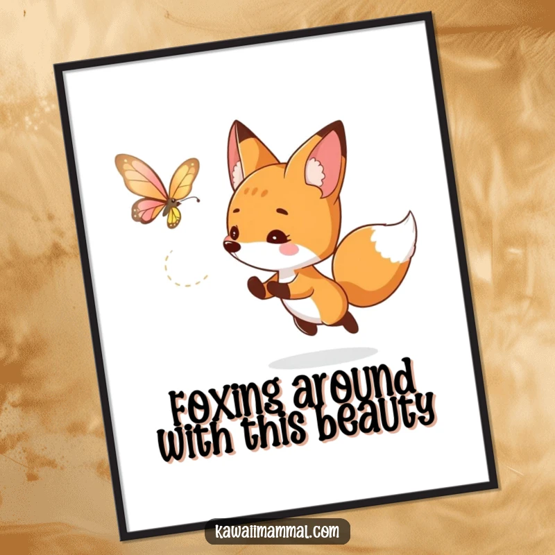 Funny Free Printable Wall Art: Curious fox playfully chasing a fluttering, luminous butterfly in a whimsical, enchanting scene.