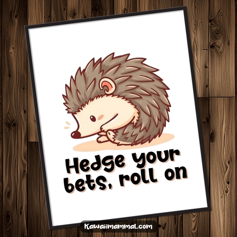 Funny Free Printable Wall Art: A perfectly round Kawaii hedgehog rolling downhill with a happy expression, ready to decorate.