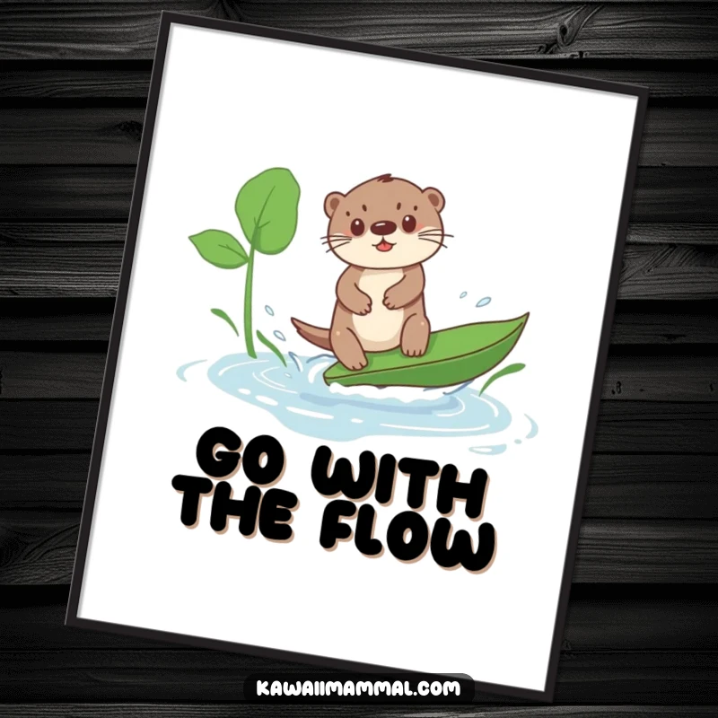 Funny Free Printable Wall Art: A cute Kawaii otter confidently surfing a giant leaf on a puddle, looking rad.