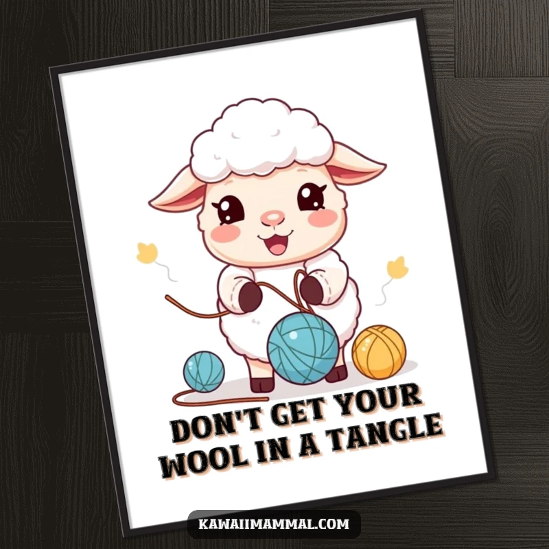 Funny Free Printable Wall Art of a kawaii sheep character happily juggling yarn balls, adding playful charm and cheer.