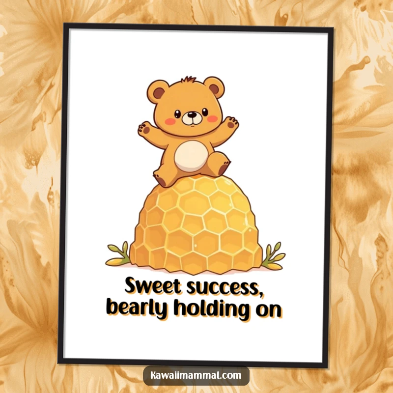 Funny Free Printable Wall Art: A determined bear balances skillfully on a giant honeycomb, bringing a whimsical scene indoors.