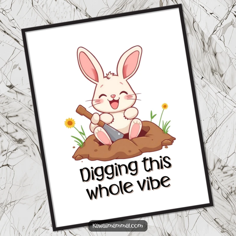 Funny Free Printable Wall Art: A happy bunny digging energetically, creating a cozy and humorous scene for your wall.