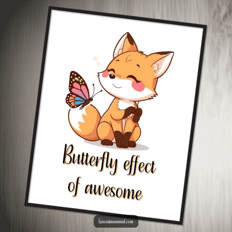 Funny Free Printable Wall Art: A happy fox playfully pouncing, its eyes focused on a fluttering butterfly in a whimsical scene.