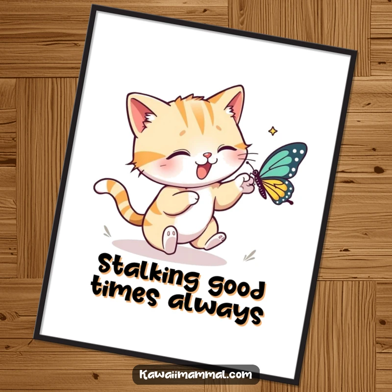 Funny Free Printable Wall Art: An energetic cat in a playful stalking pose, focused on a fluttering butterfly.