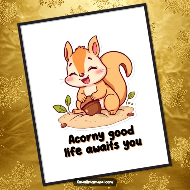 Funny free printable wall art of a giggling squirrel putting maximum effort into burying a single acorn, a humorous digital download.