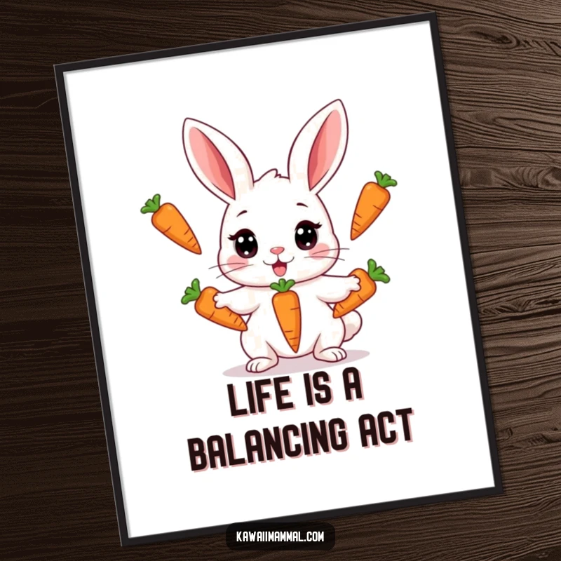 Funny Free Printable Wall Art: a cute Kawaii rabbit wide-eyed, trying to juggle three carrots at once.
