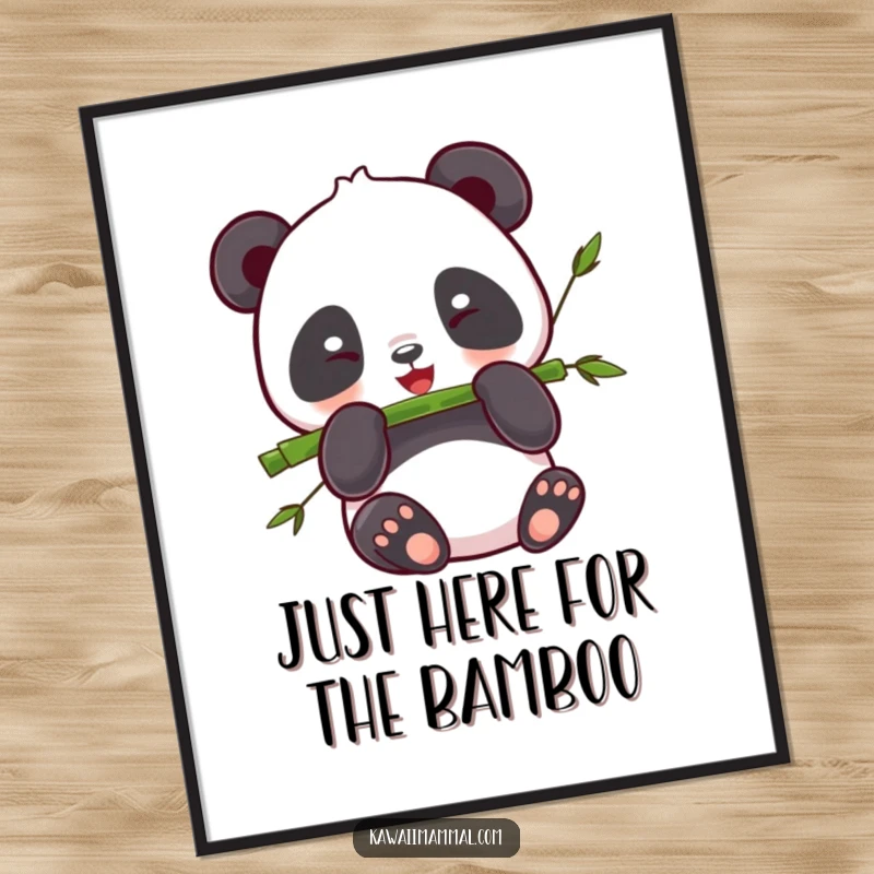 Funny Free Printable Wall Art of a blissfully happy kawaii panda peacefully munching on a tasty bamboo stalk.