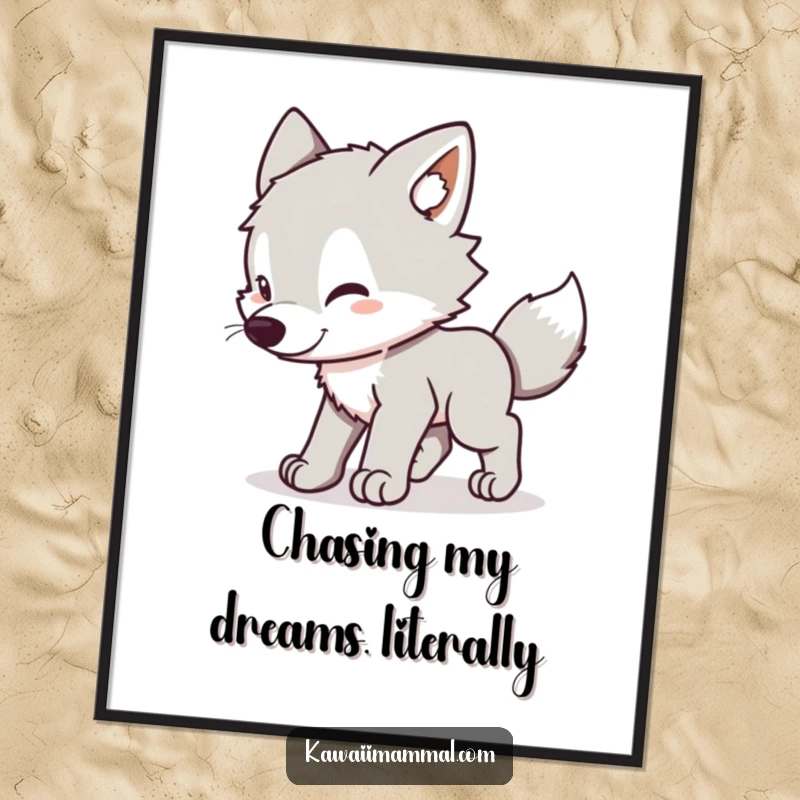 Funny Free Printable Wall Art of a hyperactive kawaii wolf pup caught mid-spin, hilariously chasing its own tail.