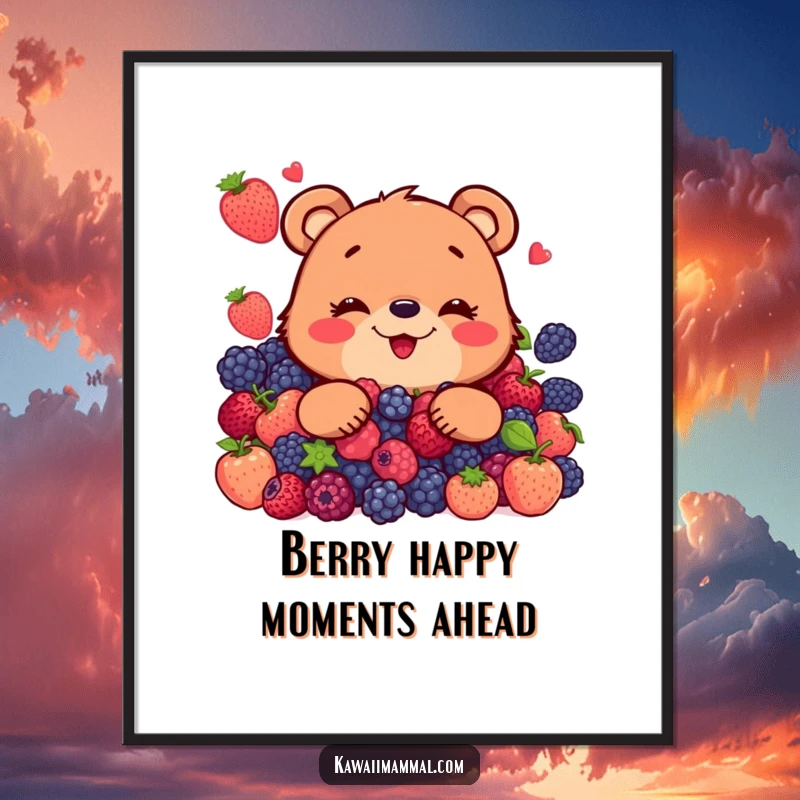 Funny Free Printable Wall Art: A cheerful bear blissfully enjoying an enormous pile of juicy berries, radiating happiness.