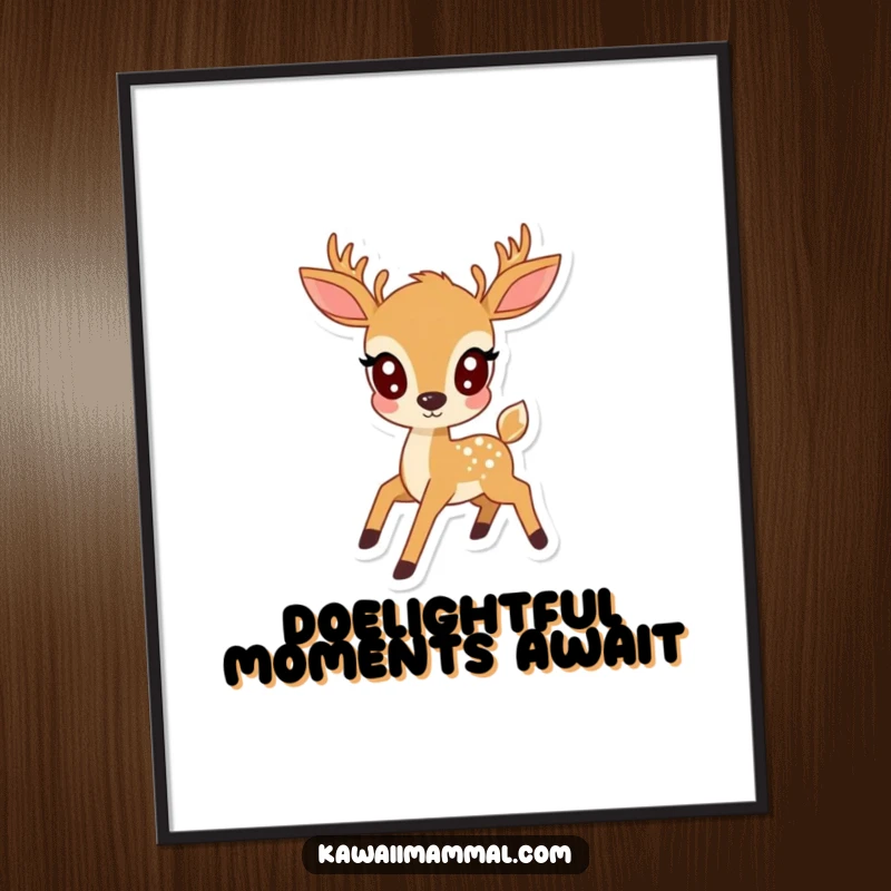 Funny Free Printable Wall Art: A kawaii deer with big, expressive eyes prances gracefully, bringing joy and cuteness to any wall.