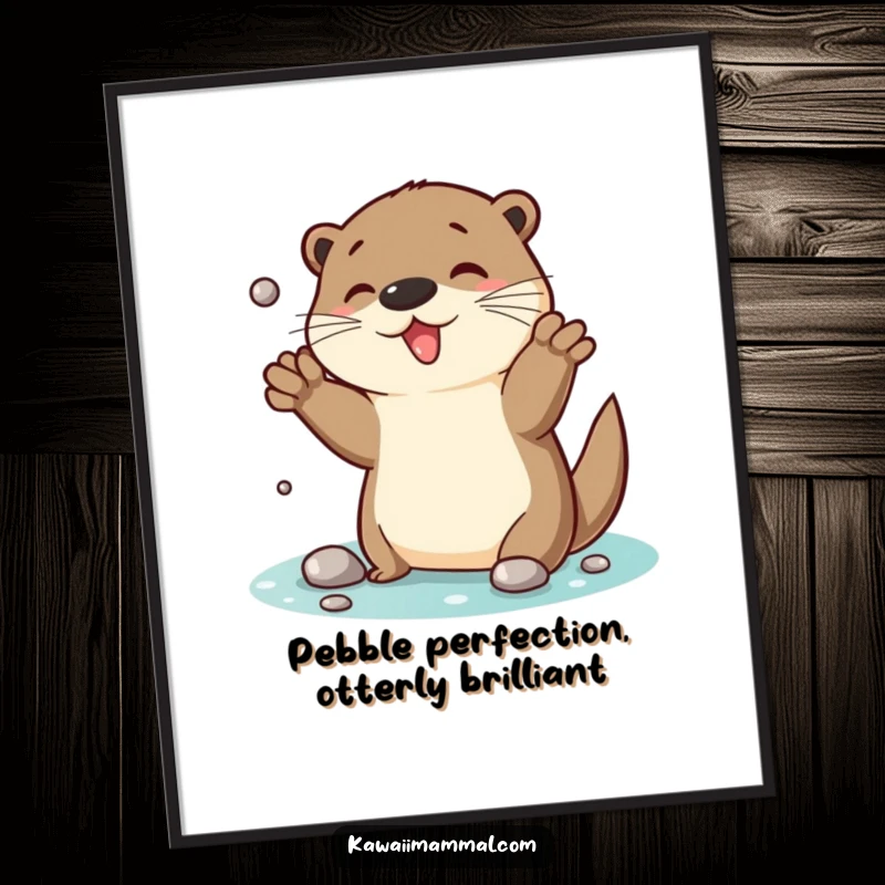 Funny Free Printable Wall Art depicting a skilled otter character enthusiastically juggling a pile of shiny pebbles.