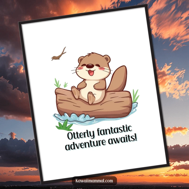 Funny Free Printable Wall Art: Playful Otter Joyfully Sliding Down Giant River Log, Adding Energetic Decor.