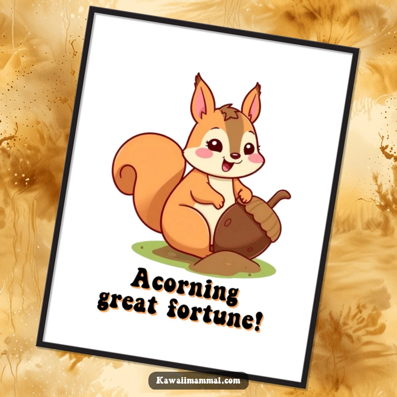 Funny Free Printable Wall Art: A kawaii squirrel intensely buries a massive acorn, showcasing its dedication to hoarding treasures.
