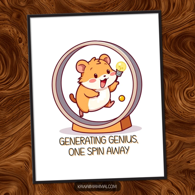 Funny Free Printable Wall Art featuring a happy hamster on a wheel powering a light bulb, unique decor.