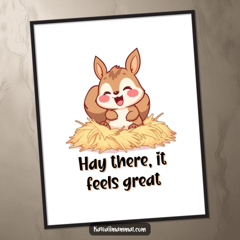 Funny free printable wall art of a happy squirrel gleefully burying itself in a large pile of soft hay, looking content.