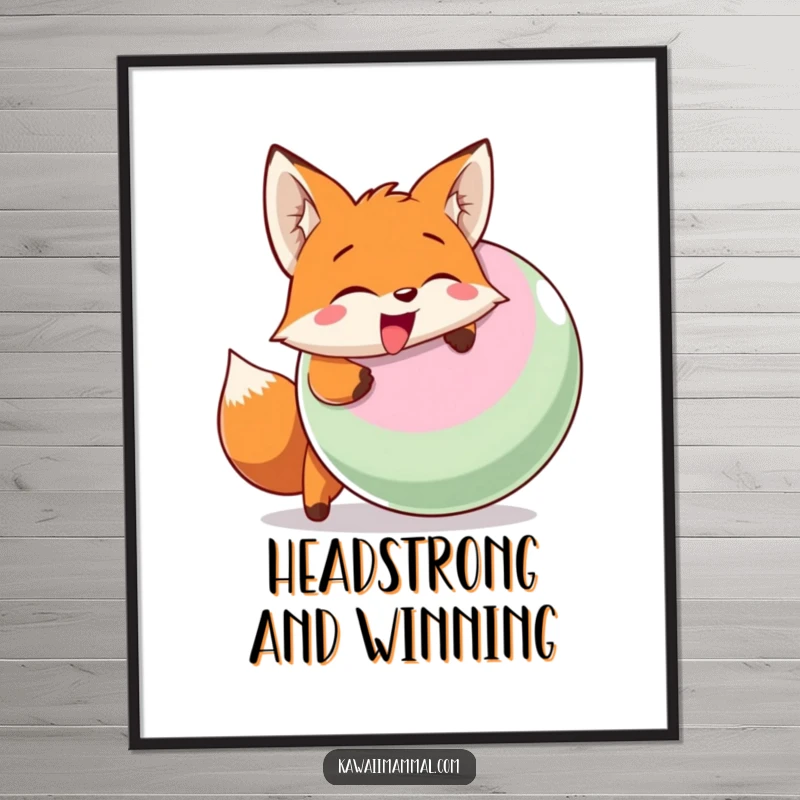 Funny free printable wall art of a smiling fox enthusiastically head-butting a giant inflatable ball, full of playful energy.