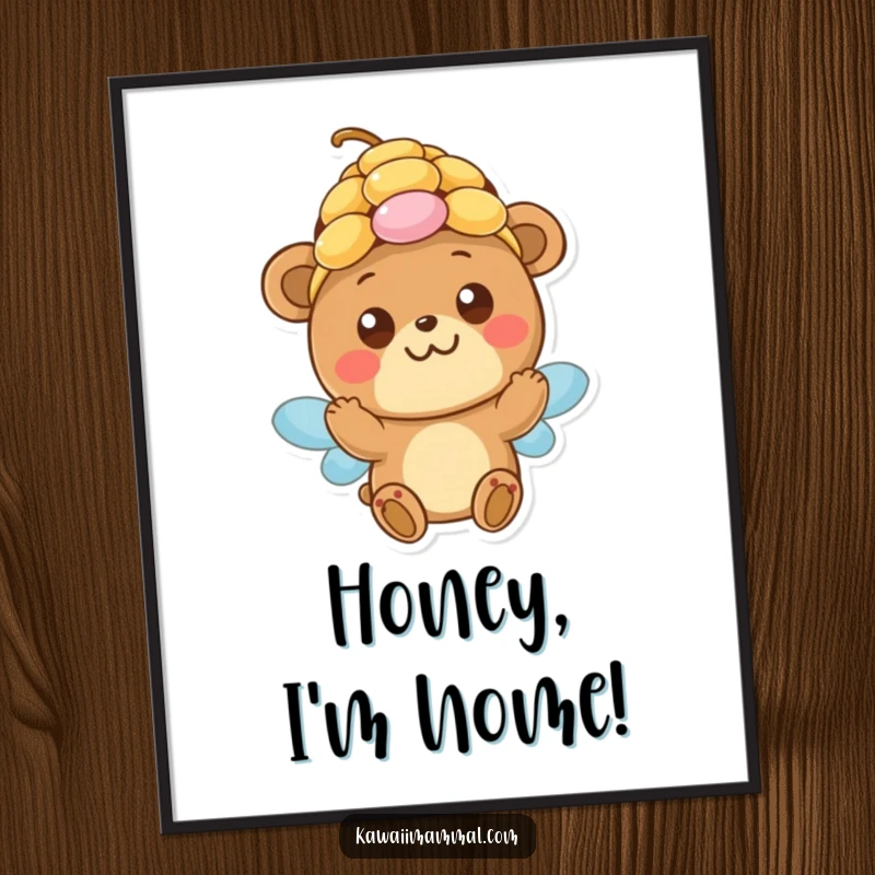 Funny Free Printable Wall Art: Adorable bear with innocent eyes playfully tries to wear a full beehive. Whimsical decor.