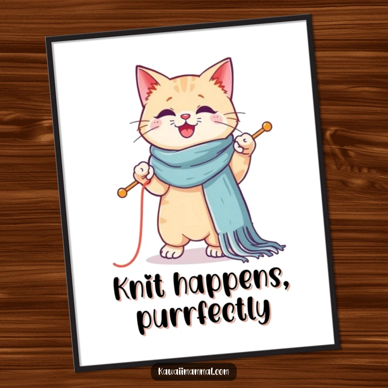 Funny Free Printable Wall Art: a charming Kawaii cat intently knitting a giant scarf while standing on one paw.