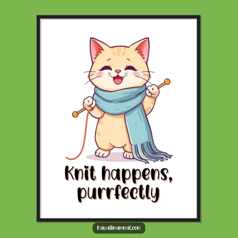 Free Printable Wall Art: Kawaii Cat Knitting Funny Downloadable Humorous Decor