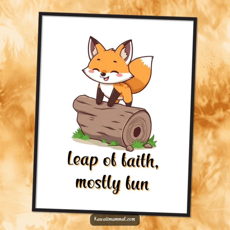 Funny Free Printable Wall Art: A mischievous fox leaping with joy over a fallen log, ears perked, bringing playful energy.