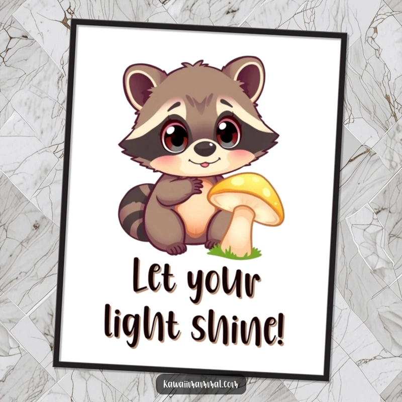 Funny Free Printable Wall Art: Curious raccoon with wide eyes examines a brightly glowing mushroom in a forest scene.