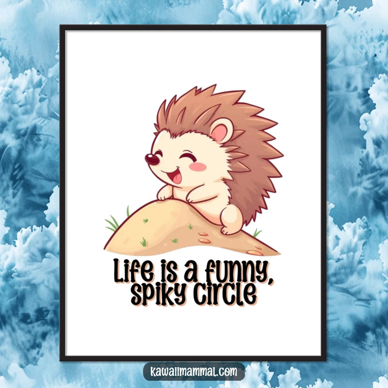 Funny Free Printable Wall Art: A joyful hedgehog with quills sticking out, comically rolling down a hill.