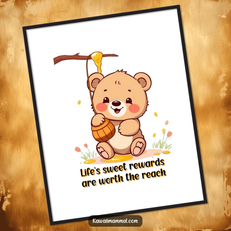 Cute Free Printable Wall Art: A kawaii bear cub enthusiastically reaching for a golden honey pot, sweet and charming.