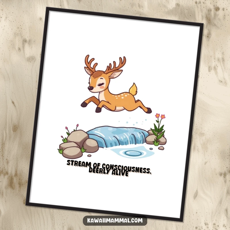 Funny Free Printable Wall Art: Determined deer character leaping over a sparkling stream, wild and humorous nature decor.