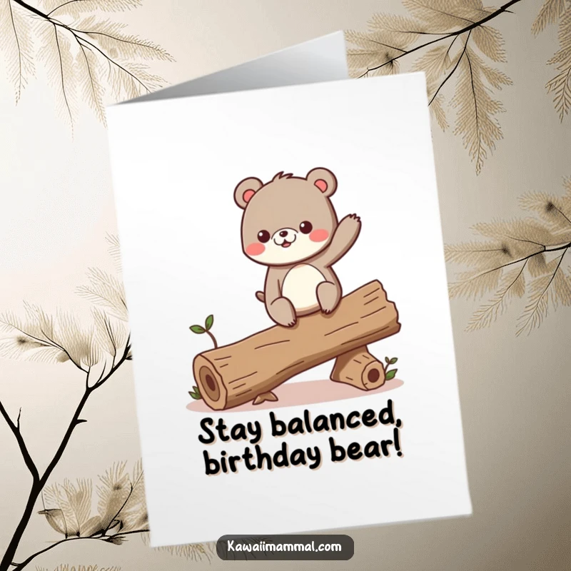 Funny free printable birthday card showing a curious bear excitedly balancing on a wobbly log, looking determined but slightly precarious.