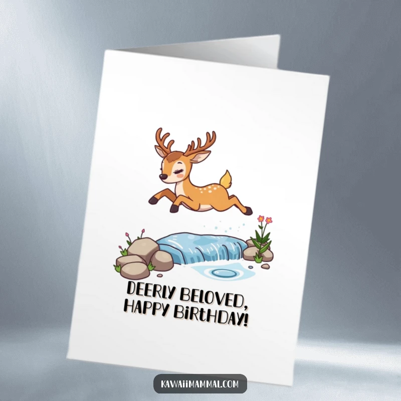 Funny Free Printable Birthday Card: Determined deer leaping over a sparkling stream, ready for birthday fun, downloadable gift.