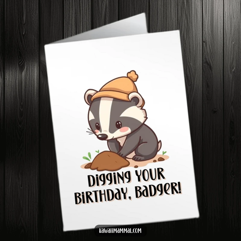 Funny Free Printable Birthday Card: Curious badger wearing a tiny hat, digging determinedly.
