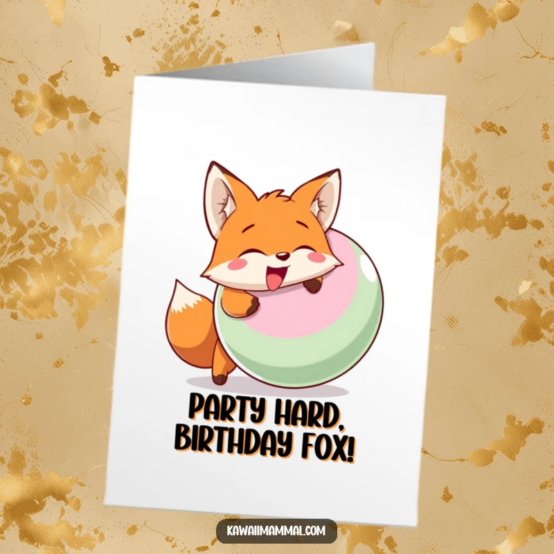 Funny free printable birthday card showing a smiling fox enthusiastically head-butting a large inflatable ball, ready for party action.