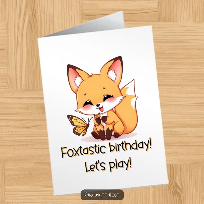 Funny Free Printable Birthday Card: Happy fox playfully pouncing, chasing a butterfly, full of birthday energy.