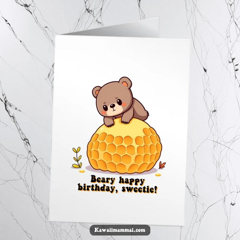 Funny Free Printable Bear Birthday Card, a determined bear wobbling on a giant honeycomb, challenging and humorous art.