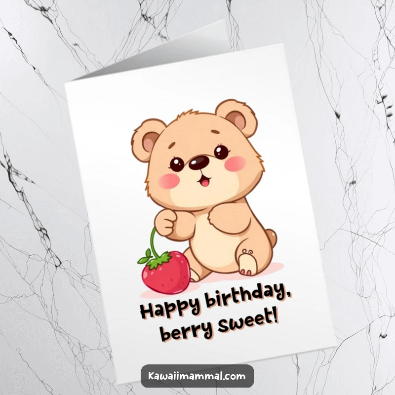 Funny Free Printable Birthday Card showing a determined bear cub reaching with all its might for a giant, juicy berry brush.