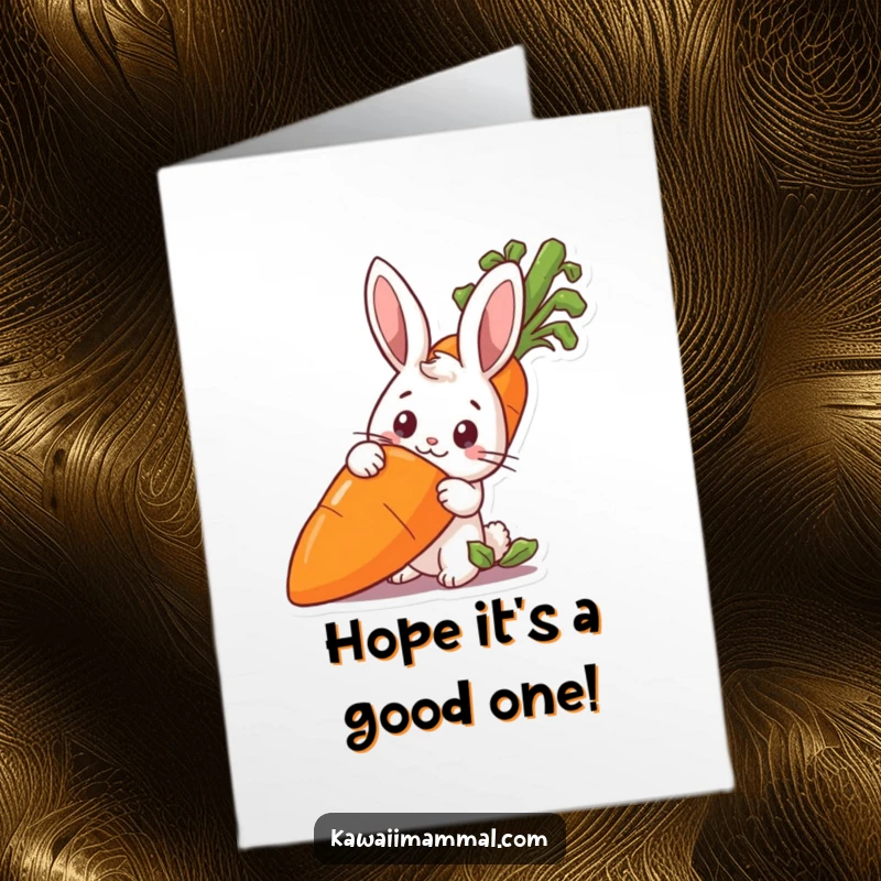 Funny Free Printable Birthday Card: Curious Rabbit Peeking Behind Giant Carrot, Wishing Happy Birthday with Joy.