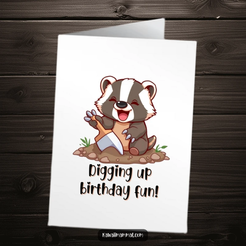 Funny Free Printable Birthday Card: Delighted badger character happily digging with oversized claws, ready to party.