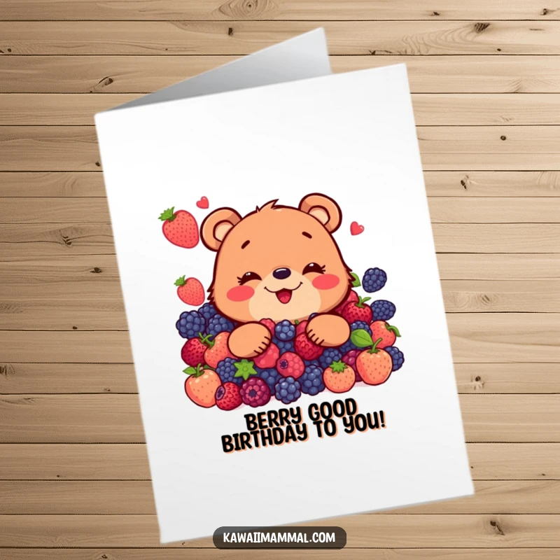 Funny Free Printable Birthday Card: A happy bear joyfully devouring a mountain of delicious berries, celebrating with gusto.