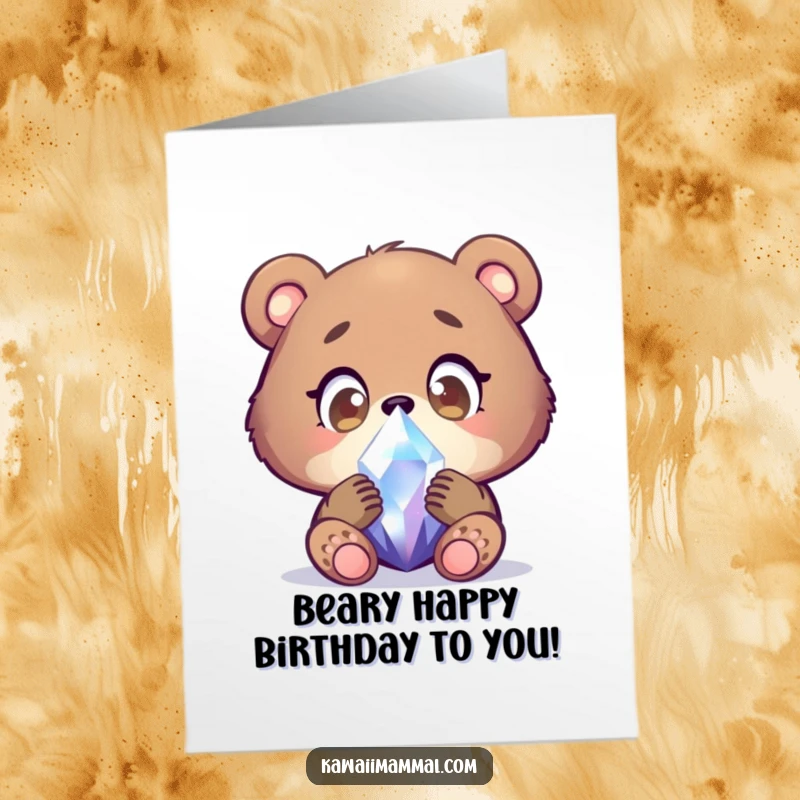 Funny Free Printable Birthday Card: Focused bear cub examining a shimmering crystal with wide, wondering eyes, celebrating their day.