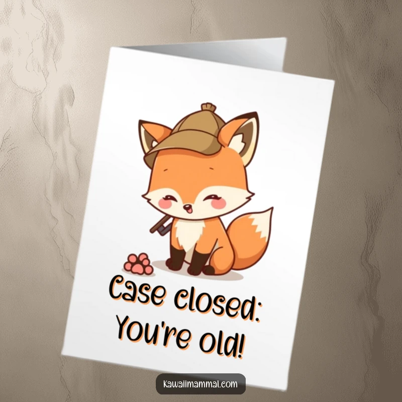 Funny Free Printable Birthday Card: Detective Fox in Hat Sniffing Paw Print, Ready to Solve Any Celebration Mystery.