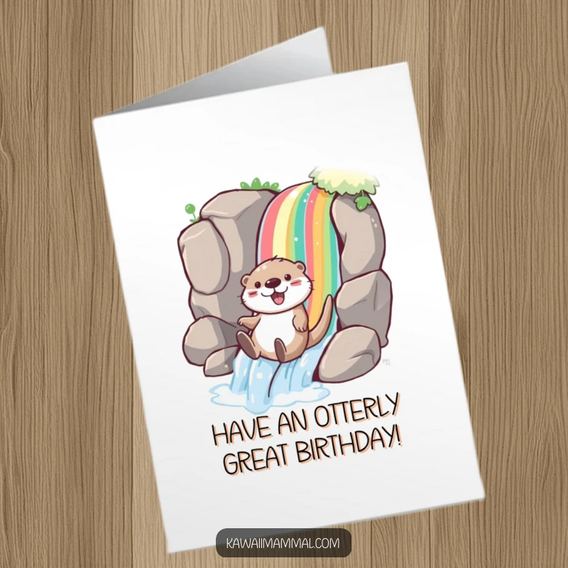 Funny Free Printable Birthday Card: Playful otter joyfully sliding down a rainbow waterfall, celebrating a happy birthday.