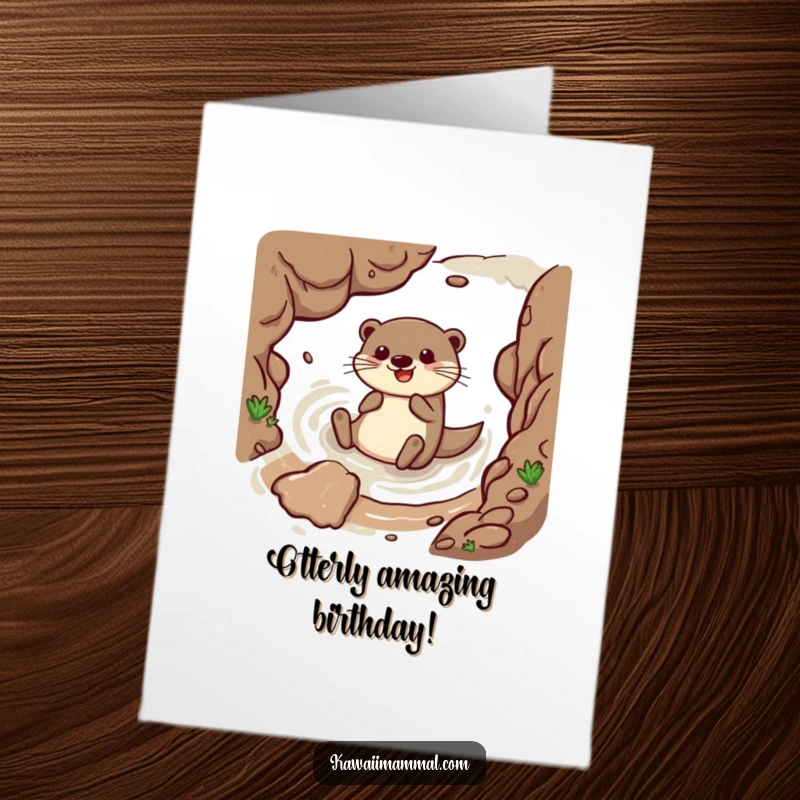 Funny Free Printable Birthday Card: Happy otter gleefully sliding down a muddy embankment with joy.